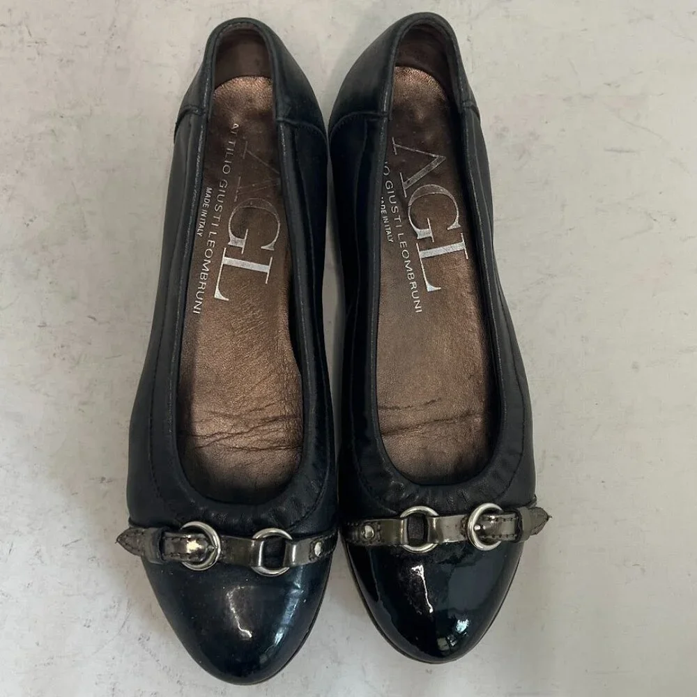 AGL Ballet Flats Cap Toe Black Leather Ballet Flats 35.5 - Picture 2 of 9